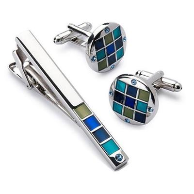 Manžetové knoflíčky se sponou na kravatu modrá mozaika